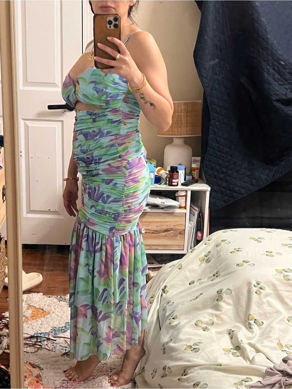 SHEIN Pastel Green and Purple Ruched Floral Maxi Dress